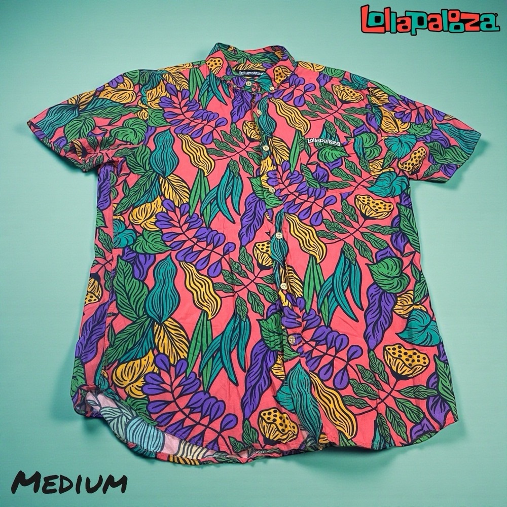 Lollapalooza Festival Shirt‎ Mens MED Colorful Floral Print Button Up Hawaiian